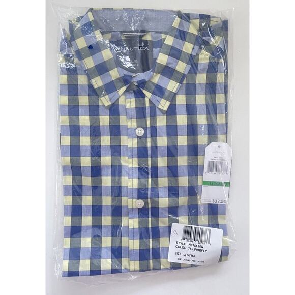 Nautica Boys Short Sleeve Dress Shirt Large 14/16 Button Front Blue Yellow Check - Picture 3 of 7